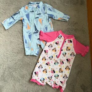 Lot of 2 One Piece Long Sleeve Rashguard Swimsuits Carters Disney Minnie 3-6 Mos